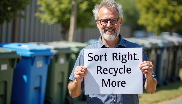 Smiling mature man holding sign reading Sort Right Recycle More near row of recycling bins, suggesting environmental awareness. Sort Right Recycle More sign promotes eco conscious behavior,