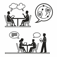 Business meeting and discussion icons representing communication collaboration and idea sharing between people in a professional setting