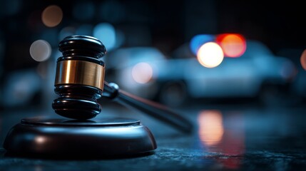 A JUDGE'S GAVEL WITH A BACKGROUND OF A POLICE CAR WITH A SIREN ON