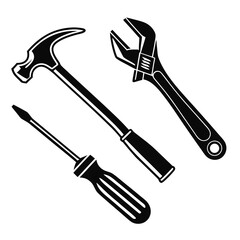Black silhouette of a claw hammer adjustable wrench and screwdriver tools on a white background