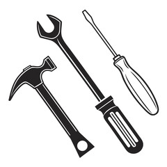 A black and white illustration of a hammer a wrench and a screwdriver arranged diagonally on a white background