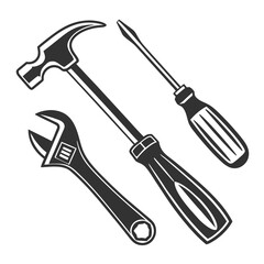 Set of three classic hand tools including a hammer adjustable wrench and screwdriver isolated on white background