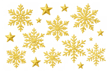 Golden glitter snowflakes and stars creating festive christmas and winter holiday patterns on a transparent background