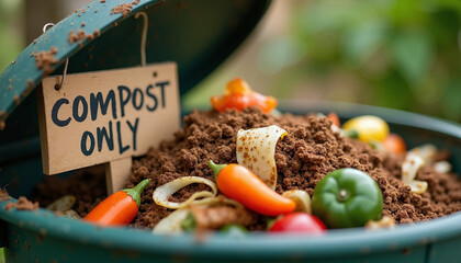 Compost only bin filled with organic waste for recycling in garden. Composting initiative involves recycling food scraps, vegetables, and coffee grounds.