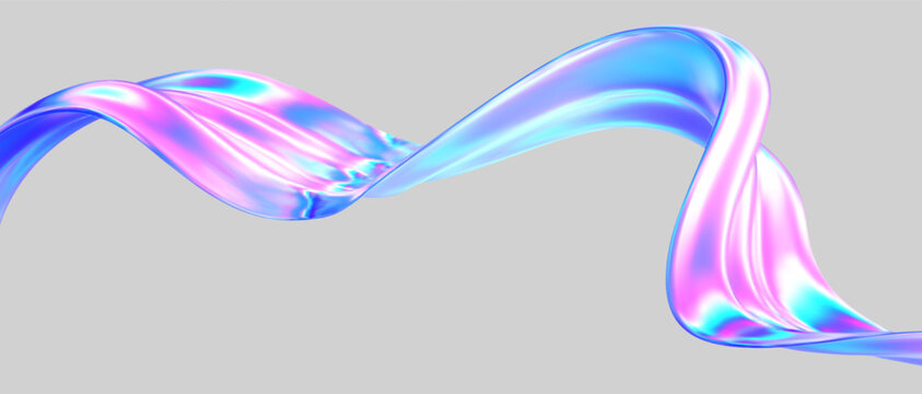 3d glass abstract wave flying. Gradient background liquid ribbon form. Hologram y2k spiral shape iridescent texture. Holographic ribbon glass effect. Vector music poster, futuristic tech template