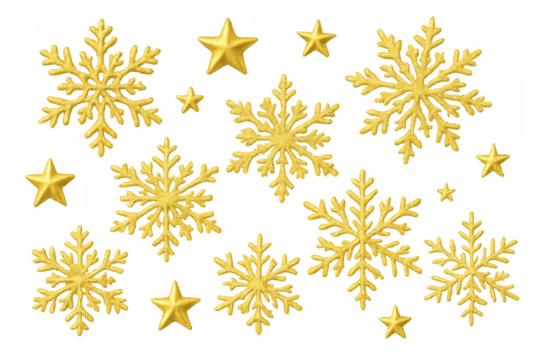 Golden glitter snowflakes and stars creating festive christmas and winter holiday patterns on a transparent background