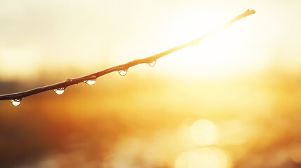 Twig holding clear water droplets, catching and reflecting golden sunlight against a soft blurred background, symbolizing freshness and peace
