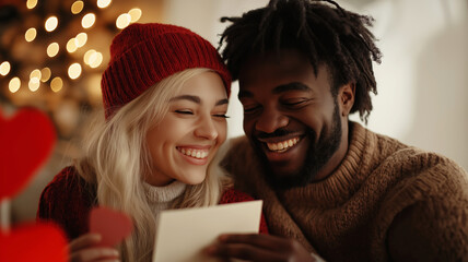 Happy interracial couple sharing intimate moments, reading a Valentine's Day card, smiling and feeling joy during celebration