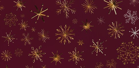 Festive background with detailed golden snowflakes on rich burgundy, perfect for holiday designs and winter celebrations.