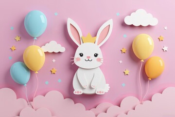 Pastel paper cut, animal paper art for festive Christmas and New year decoration holiday. Cute cartoon bunny surrounded by colorful balloons and clouds on a pastel pink background.