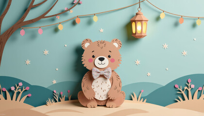 Pastel paper cut, animal paper art for festive Christmas and New year decoration holiday. Colorful illustration of a cute bear against a whimsical background with trees and lanterns.