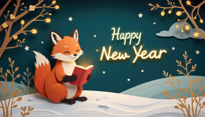 Pastel paper cut, animal paper art for festive Christmas and New year decoration holiday. A cheerful fox reading a book in a snowy landscape, wishing a Happy New Year against a starry background.