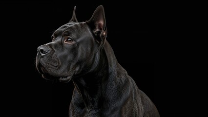 Black big dog of breed Cane Corso on a black background. Profile portrait of an animal.