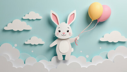Pastel paper cut, animal paper art for festive Christmas and New year decoration holiday. A cute paper bunny holds balloons against a pastel background, surrounded by clouds.