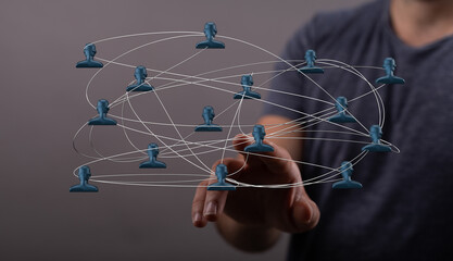 Hand touching digital network connections, representing global networking, communication, and social media connectivity. Illustrating a virtual