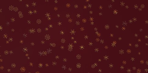Elegant abstract background featuring floating golden snowflake-like shapes on a rich burgundy...
