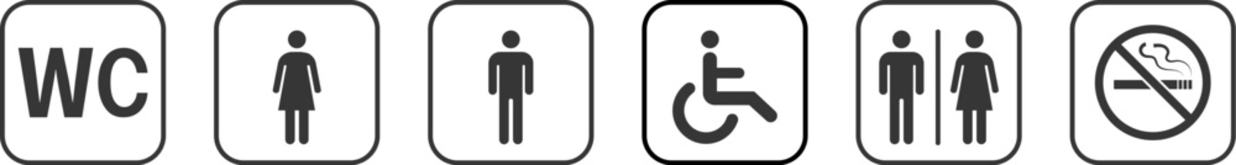 Public place signs. Public restroom symbols, WC. Person with disabilities and physical injury symbol. No smoking area. Vector