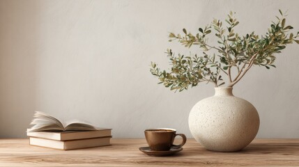 A cup of coffee rests beside an open book and a vase with greenery bringing calm to the space.