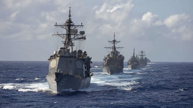 Four naval ships sail in formation across the blue ocean waves beneath a clear sky.