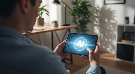 AI Interface on Tablet A Man Interacting with Artificial Intelligence
