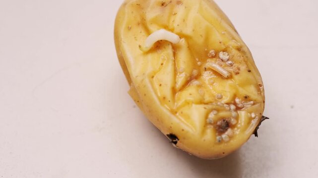 Rotten potatoes with sprouts eaten by caterpillars and larvae feeding, decaying food, natural decomposition, natural organic decay, organic matter, soil, unhealthy produce, insects detailed