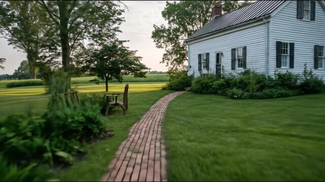 A serene exterior view of a white farmhouse with a brick path leading to the front door