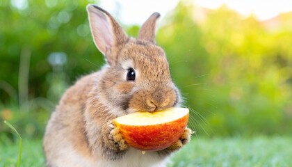 Adorable brown rabbit nibbling a red apple slice on green grass. Natural light, outdoor setting, close-up animal behavior moment.