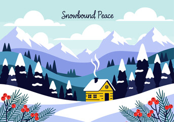 A cozy yellow cabin with smoke rising from its chimney, surrounded by snow-covered pine trees and majestic mountains, evoking a sense of winter peace.