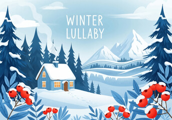 A serene winter landscape featuring a cozy house, snow-covered trees, and distant mountains under a cloudy sky.