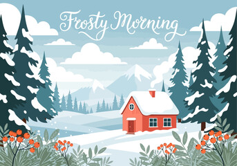 A charming winter scene featuring a snow-covered house nestled amidst a frosty landscape with evergreen trees and mountains.