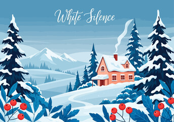 A serene winter landscape featuring a snow-covered house, trees, and mountains under a clear sky.