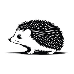 Charming black and white illustration of a small hedgehog