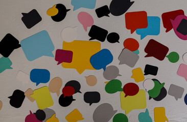 Abstract composition featuring various speech bubbles in different colors. Perfect for concepts like communication, conversation, social media,