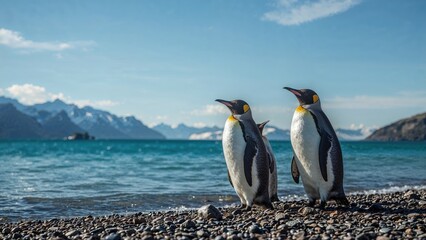 Fototapeta premium A sunny scene on South Island featuring three regal king penguins.