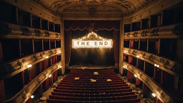 A view inside an old theater with The End sign displayed