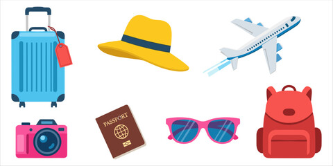 Flat travel icons set with airplane, passport, luggage, and camera for vacation and adventure design.
