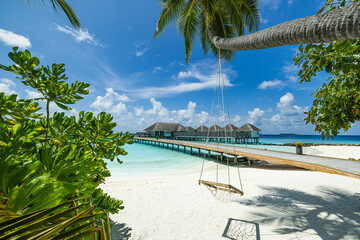 Best Gorgeous Maldives Island Landscape Tropical Beach Paradise Exotic Shore. Top Beautiful Palm Trees Luxury Vacation Resort Water Villas. Popular Stunning Travel Destination Perfect Summer Holiday