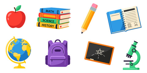 Flat school and education icons set with books, globe, backpack, and microscope for learning design.