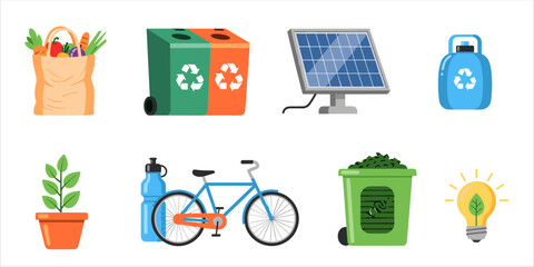 Flat eco icons with recycle bins, solar panel, and green energy elements for sustainable design.