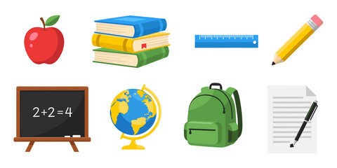 Flat school and education icons set with books, globe, backpack, and microscope for learning design.