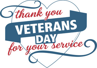 Veterans day graphic with heart and thank you message on white back
