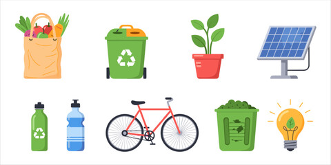 Flat eco icons with recycle bins, solar panel, and green energy elements for sustainable design.