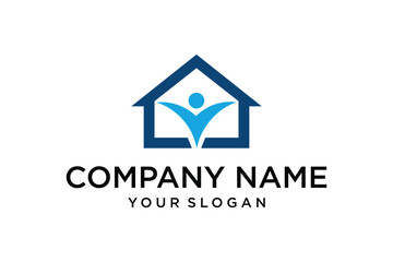 Abstract Human in House Logo Design. Residential Care, Home Services, Community Support Concept.