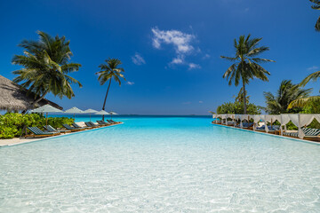 Best Top Luxury Tropical Resort Pool Umbrella Palms Gorgeous Outdoors Poolside Leisure Lifestyle Travel Concept. Popular Exotic Perfect Summer Vacation Destination Tranquil Serene Holiday Background