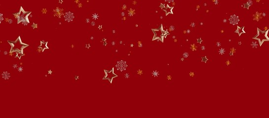 Christmas background with gold stars and snowflakes floating over a vibrant red backdrop. Perfect for holiday design, greetings and seasonal pro © vegefox.com