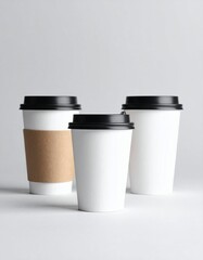 Blank coffee cups mockup with black lids.