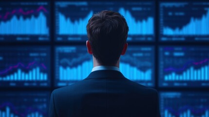 Businessman analyzing big data with ai interface in modern office environment for data processing standards