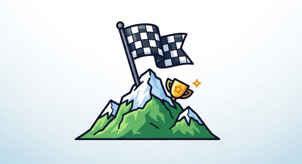 Illustration depicting success on a mountain peak, with a checkered flag and trophy, symbolizing achievement and victory
