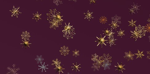 Luxurious abstract Christmas background with shining golden snowflakes on a deep purple backdrop. Perfect for seasonal designs and celebrations.