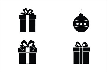 Set of four black christmas icons gifts and ornaments for holiday celebrations